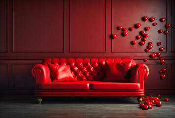 the red couch is in a room with some hearts hanging around it