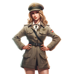 Sexy blonde girl in military uniform. Isolated on white background.