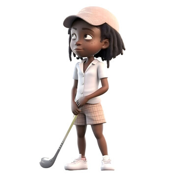 3D Render of a Little African American Girl with a golf club