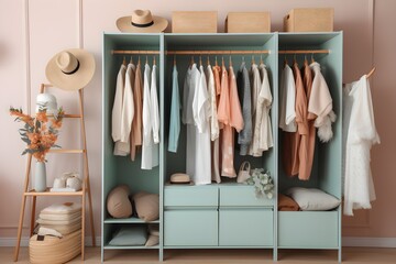 A chic modern wardrobe filled with fashionable spring clothing and accessories.