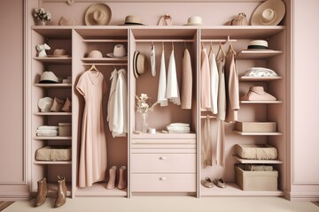 A sleek, contemporary wardrobe filled with fashionable spring attire and accessories.