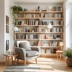 Fototapeta na wymiar Scandinavian bookcase with armchair in modern room, Generative AI