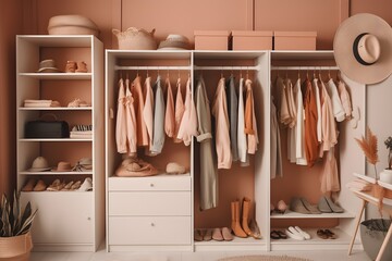 A sleek and contemporary wardrobe filled with chic spring attire and accessories.