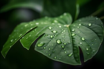 Close-up photo of a green leaf with numerous water droplets showcasing the concept of nature.