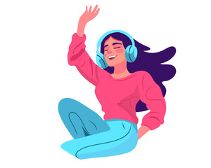 Smiling girl in headphones listen to music isolated on white background. Vector illustration