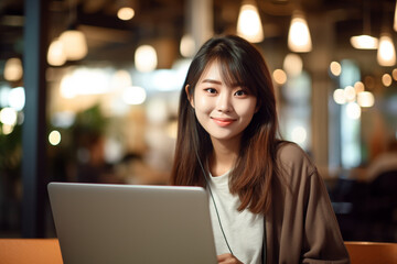 Young Asian woman working on a laptop, asian girl working, close up depiction, digital photo, portrait, looking at camera, natural light, affinity, bright background Generative AI