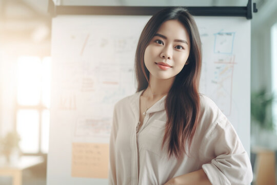 Close-up of an Asian woman writing on a whiteboard, asian woman working, close up depiction, digital photo, portrait, looking at camera, natural light, affinity, bright background Generative AI