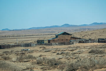 Local farm on Highway road in Central Mongolia, the road trip from Ulaanbaatar to Kharkhorin city