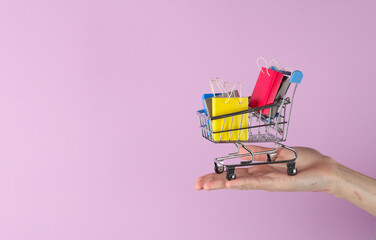 Hand holds miniature shopping cart with shopping bags on lavender background. Sale, world shopping day, black friday © splitov27