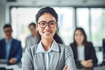 Asian woman presenting a project to colleagues, asian woman working, close up depiction, digital photo, portrait, looking at camera, natural light, affinity, bright background Generative AI
