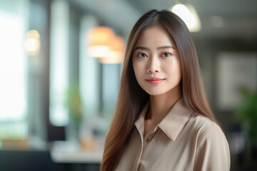 Fototapeta premium Portrait of a confident young Asian woman in the office, asian woman working, close up depiction, digital photo, portrait, looking at camera, natural light, affinity, bright backgr Generative AI