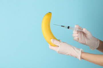 Hands in medical gloves inject a banana with a syringe on a blue background. Genetic engineering, food, gmo - obrazy, fototapety, plakaty