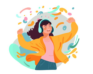 Woman relaxes and listens to music, audio podcast, radio or audiobook with headphones. Vector illustration