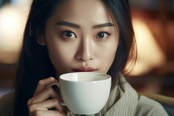 Close-up of an Asian woman with a cup of coffee, asian woman working, close up depiction, digital photo, portrait, looking at camera, natural light, affinity, bright background Generative AI