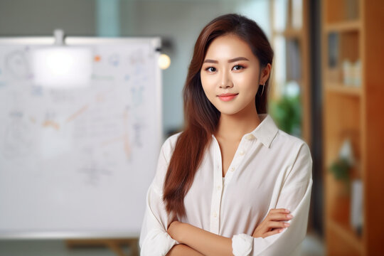 Portrait of a focused young Asian woman in front of a whiteboard, asian woman working, close up depiction, digital photo, portrait, looking at camera, natural light, affinity, brig Generative AI