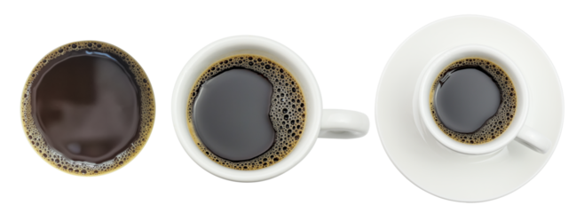 Mockup Set of hot Black americano coffee shoot from above isolated on white background.