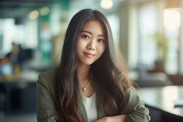 Fototapeta premium Close-up of an Asian woman working on a collaborative project, asian woman working, close up depiction, digital photo, portrait, looking at camera, natural light, affinity, bright Generative AI