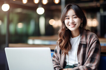 Asian woman using a laptop and smiling, asian woman working, close up depiction, digital photo, portrait, looking at camera, natural light, affinity, bright background Generative AI