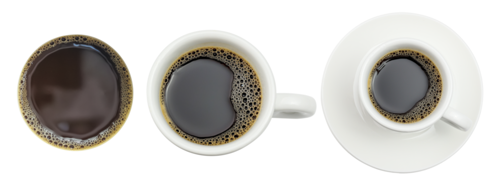 Mockup Set of hot Black americano coffee shoot from above isolated on white background.