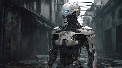 Fototapeta premium Cybernetic Soldier in Post-Industrial Wasteland