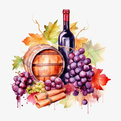 Composition of bunch of pink grapes, red wine bottle and wooden barrel on leaves background. Watercolor or aquarelle painting illustration. Created with generative Ai