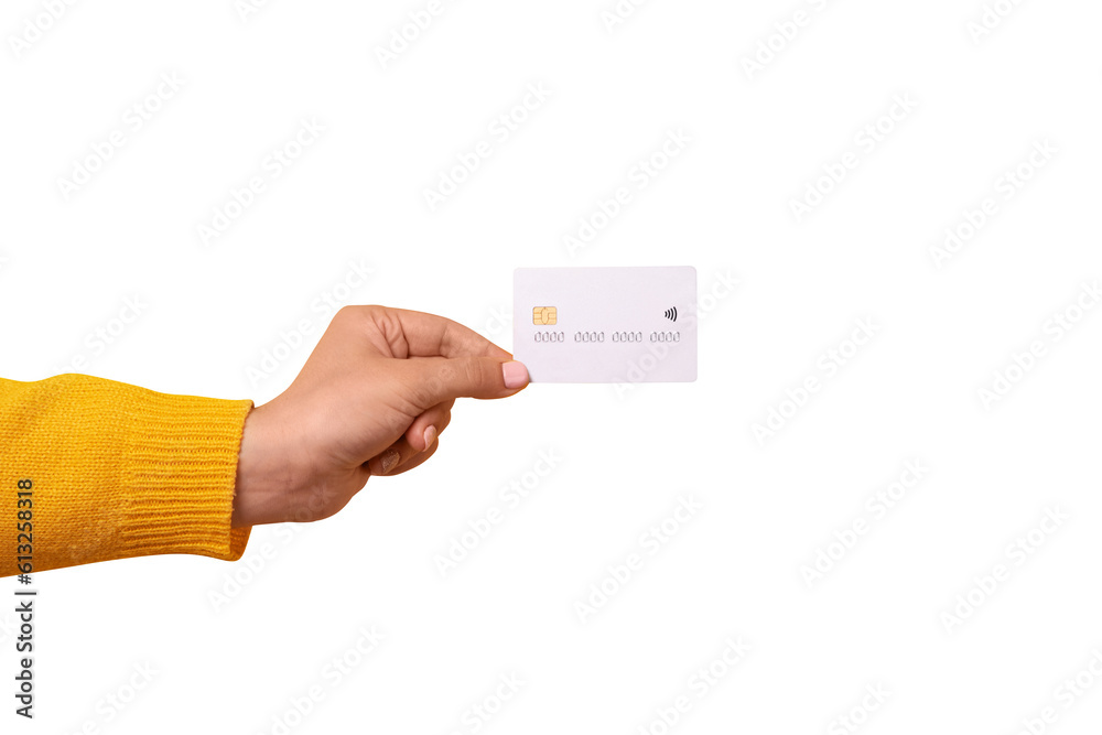 Wall mural hand holding blank white credit card mockup, card with electronic chip isolated on transparent backg