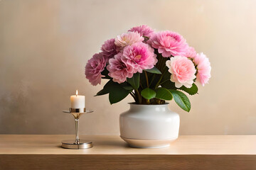 Azalea bouquet in a vase on a beige background, with a glass minimalist candlestick as minimalist decor