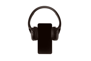 blank smartphone with headphone isolated on transparent background