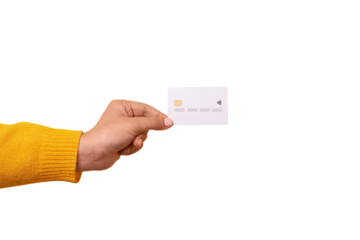 Hand holding blank white credit card mockup, card with electronic chip isolated on transparent background