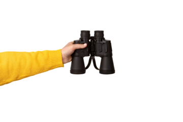 binoculars in hand isolated on transparent background, search concept.