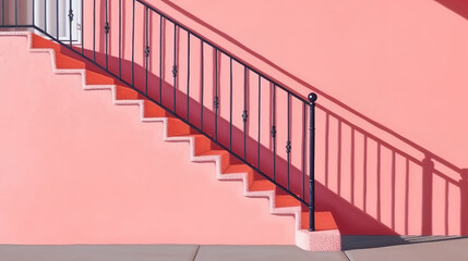 Railing shadows cast on a pink wall, Bright color. Generative ai
