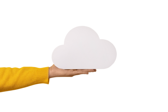 Cloud computing concept, hand holding cloud isolated on transparent background, cloud storage
