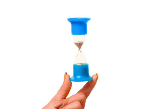 hourglass in hand isolated on transparent background, transience of time concept