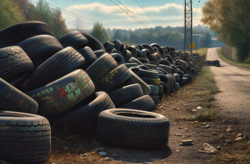a group of colurefull tires on a highway - obrazy, fototapety, plakaty