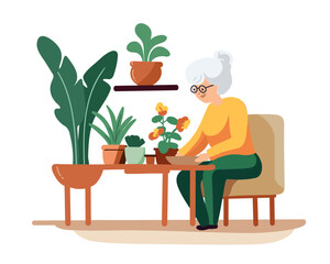 Elderly woman cultivate and water flowers, home potted plants. Home plants care, gardening hobby and cozy domestic life concept. Vector illustration.