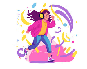 Obraz na płótnie Canvas Happy woman running and listening to music with headphones. Flat vector illustration