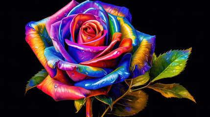 Colorful blooming rose with prismatic effect. Generative ai