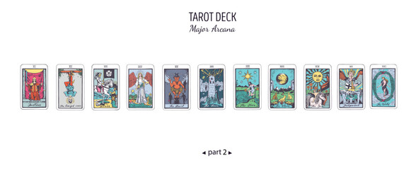 Tarot card colorful deck.  Major arcana set part  . Vector hand drawn engraved style. Occult and alchemy symbolism. The fool, magician, high priestess, empress, emperor, lovers, hierophant, chariot - obrazy, fototapety, plakaty