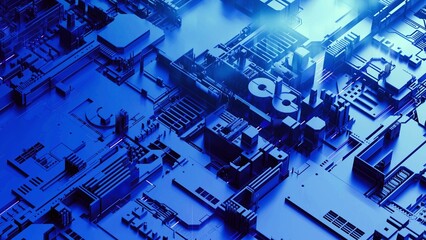 Blue light on the hardware. Motherboard of the computer close up. Abstract sci-fi wallpapers. 3D rendering