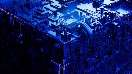 Blue Sci-fi cube on black background close up.Futuristic abstract background. Digital cube. 3d rendering.