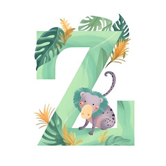 Alphabet letter Z with cute cartoon monkey and tropical leaves. Vector illustration.