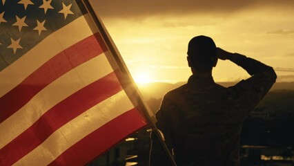 American soldier salutes sunset light - Powered by Adobe