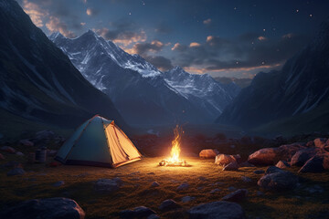 Scenic Mountain Camping: Tent and Campfire in Majestic Wilderness.
Generative AI