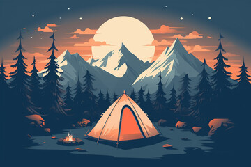 Scenic Mountain Camping: Tent and Campfire in Majestic Wilderness.
Generative AI
