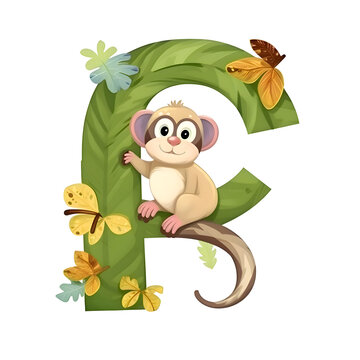 Font design for letter R with cute monkey and butterflies. Vector illustration.