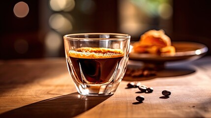 Delicious espresso served in a glass cup, adorned with a velvety cream topping, a perfect blend of indulgence and elegance