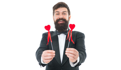 Cheerful gentleman in love. Businessman with beard mustache formal suit. Love and romance. Love...