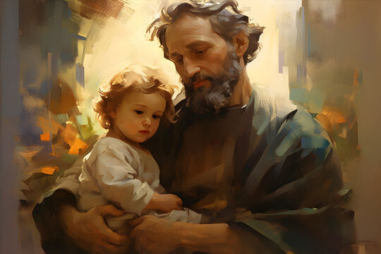 Saint Joseph St. Joseph with Jesus Christ, the Patron Saint of the Catholic Church. San Jose. Generative ai. Patron Saint of Fathers, Workers