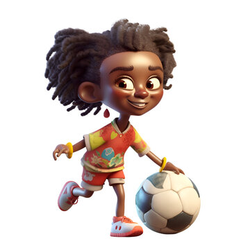 3D Render of an african american little girl with soccer ball