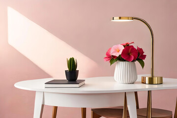 Hibiscus vase arrangement on a light pink background, with a metal minimalist table lamp as minimalist decor